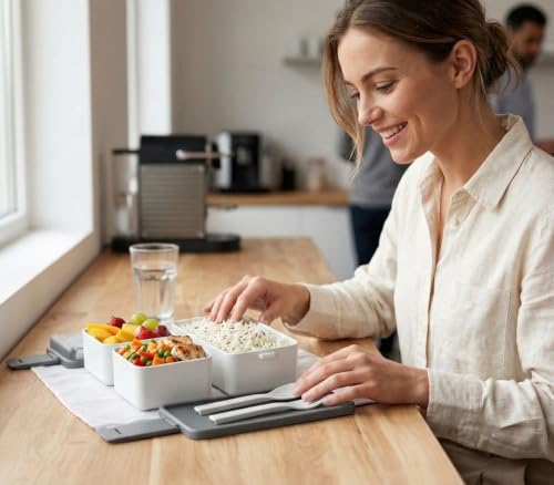Image of Double Decker 3 Compartment Lunch Box for School & Office, Lunch Box with Cutlery and Lid,Microwave Safe Lunch Boxes | Grey - 1400 ML