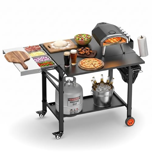 Pizza Oven Table for Ooni Pizza Ovens Grill Cart Table with Topping Station Large Countertop Pizza Oven Stand Foldable Outdoor Cooking Stand with Propane Storage