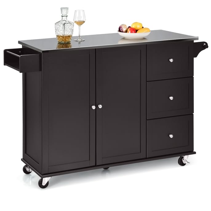 GOPLUS Desserte de Cuisine à roulettes en Bois, 135x45x91CM, Ilot Central avec Placard Métal, Armoire avec 2 Étagères Réglables, 3 Tiroirs, Support pour...