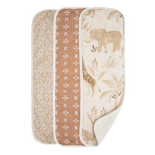 Image of Crane Baby Muslin Baby Burp Cloths Set of 3, Safari Animal Print, 100% Cotton, Absorbent, Lightweight, 7"X20", Baby Newborn Essentials, Safari Baby Stuff