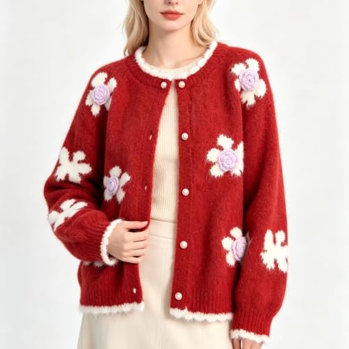 Image of FindThy Women's Kawaii 3D Floral Cardigan Long Sleeve Crewneck Knit Cardigan Sweaters