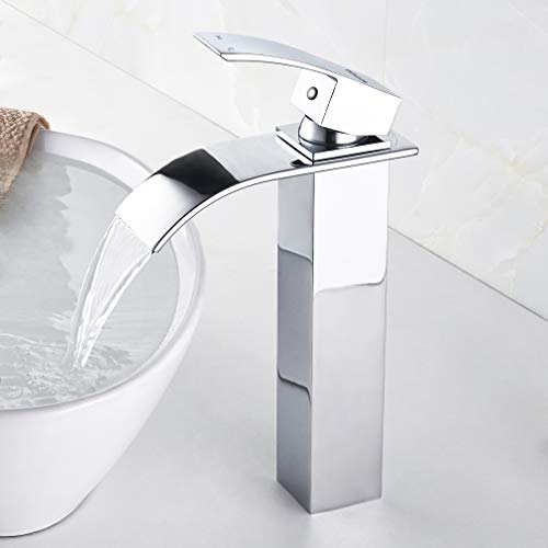 BONADE Grifo Lavabo Cascada con Caño Alto Grifo de Baño Mezclador Agua Fría y Caliente Grifo de Lavabo Monomando Grifería de Cuenta de Latón