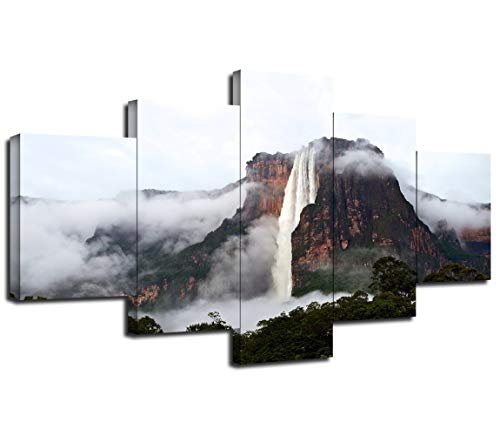 Angel Falls Scenery Wall Art South America Venezuela Wall Decor Picture Canvas Print Poster Painting Framed Home Living Room Bedroom Decoration 5 Panel Ready To Hang(60''Wx32''H) #TOP25
