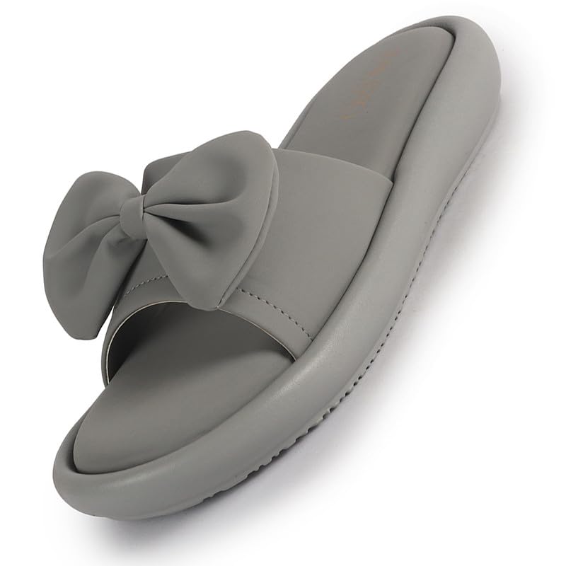 Image of FAUSTO Women Open Toe Bow Design Slip On Sliders | Extra Comfort Cushioned Insole Slippers | Classic Flat Sandals for All Day Long