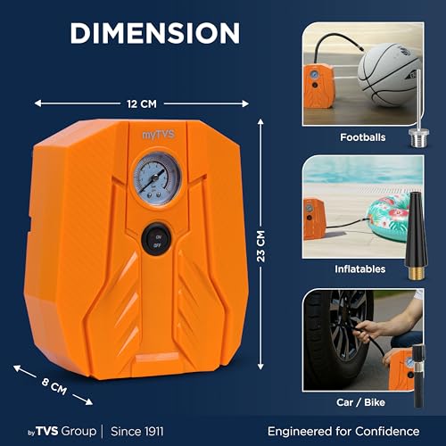 Image of myTVS air Champ Portable Tyre Inflator for Car, Bike, Cycle with 100 PSI Pressure | 12V DC | Analog Air Pump for Car tyre with LED Torch & Long Cord | 1+1 Years Warranty (TI-15)