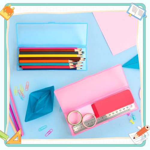 Image of Yexiya 30 Pack Pencil Box Plastic Pencil Case Bulk 7.2 x 2.4 x 0.9 Inches Pink Blue Pen Storage with Hinged Lid Stackable for Pens Crayons School Office Supplies Organization