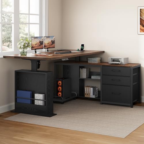 Image of 63 Inch L Shaped Desk with 3 Drawers Electric Standing Desks with Storage Computer Table Adjustable Height with Power Outlets 4 Memory Presets for Home Office, Rustic Brown