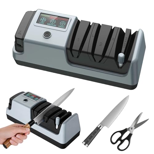 Fesatccoz 5 en 1 Aiguiseur couteaux electrique professionnel avec écran LCD, 3 vitesses et disques diamant, aiguiseur couteaux pour couteaux droits,...