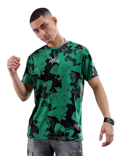 Image of The Indian Garage Co Men Polyester Slim Fit Tropical Print Round Neck Tshirt