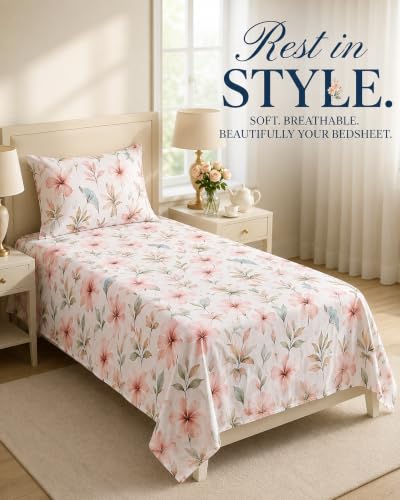 Image of VAS COLLECTIONS 240 TC Premium Cotton Single Bedsheet, Soft Breathable Comfortable Floral Printed Bed Sheet, Elegant Durable Bedding for Bedroom, Easy Care Single Bed Cover,60 x 90 Inches - Warm Pearl