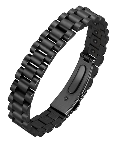 Jecanori Pulseira magnética de aço de titânio para homens e mulheres, pulseira de terapia magnética de aço inoxidável para alívio da dor de artrite, fivela dobrável Preto