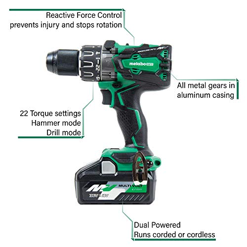Metabo Hpt 36V Multivolt Hammer Drill Kit | Brushless Motor | 1/2-In Keyless Metal Chuck | 2-36V, 4.0Ah Batteries + Rapid Charger | Dv36Da, Green #TOP1