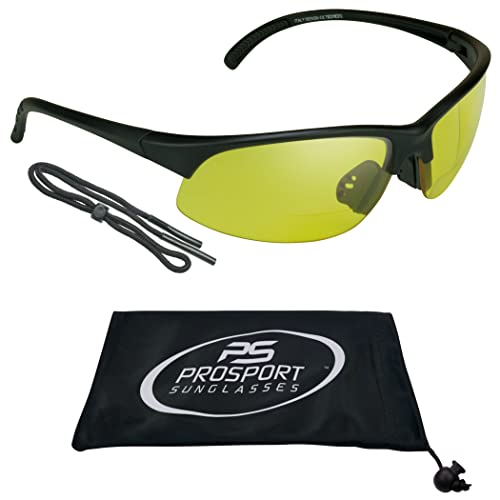 proSPORT Bifocal Reader Sunglass w/Strap Half Rim Sport Night Yellow, High Definition HD, Smoke or Brown Lenses