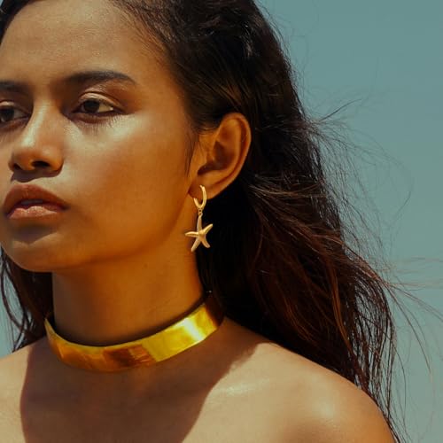 4 Pairs Gold Huggie Hoop Earrings for Women, 14K Real Gold Stainless Steel Summer Beach Jewelry Starfish/Pearl/Clam/Conch Dangle Hypoallergenic Earrings4