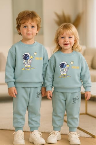 Image of Bold N Elegant Kids Fleece Lined Winter T-Shirt Jogger Set Warm Sweatshirt Pants | Stylish Astronaut Print Winter Co-ord Set for Infant Toddler Teedler Boys n Girls
