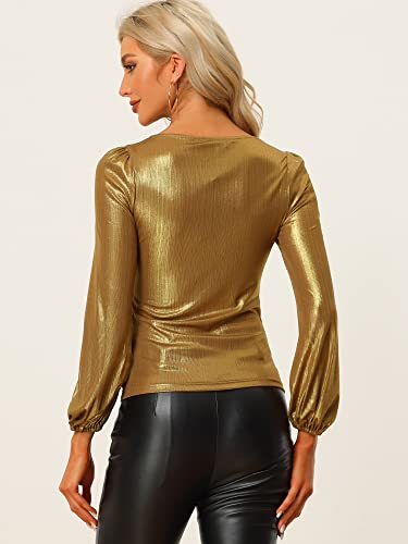 Image of Allegra K Metallic Blouse for Women's Sparkly Party Club Shiny Bishop Sleeve Disco Glitter Tops