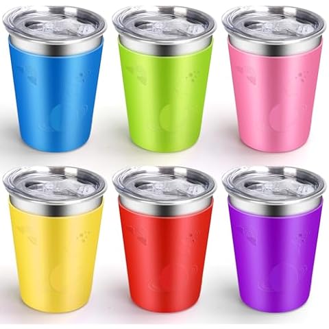ShineMe No Spill Cups for Toddlers, 6pack Stainless Steel Kids Cups with Lids, 12oz Metal Cups for Kids, Toddlers, Preschoolers, Adults with Removable Vibrant Color Sleeves for Cold/Hot Drinks Cover