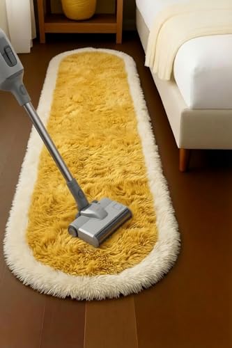 Image of Fluffy Silky Micro Fiber Polyster Carpet /Runner for Bedroom, Study Room, Playing Room, Guest Room ETC. 2x6 feet Feet, (Yellow and Ivory Side boder)