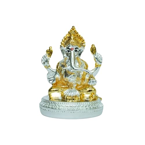 Image of Two-Tone Gold & Silver Plating Round Base Ganesha | dol for Home, Office,Car Dashboard & Gifting |Symbol of Success & Protection |Ganesh Murti for Prosperity & Blessings | Height 2.7 Inch