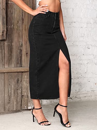 Image of Shasmi Women's Elegant Blue Solid High Waist Split Thigh Denim Maxi Skirt for Women's & Girl's (Skirt 180)