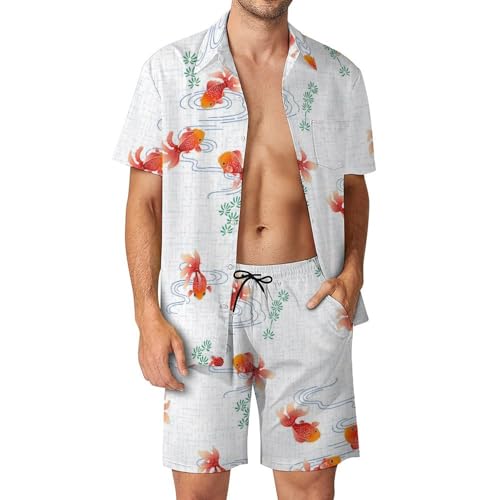 Chemise Hawaïenne Hommes Poisson Rouge Ensemble de Plage Short Pantalon Été S
