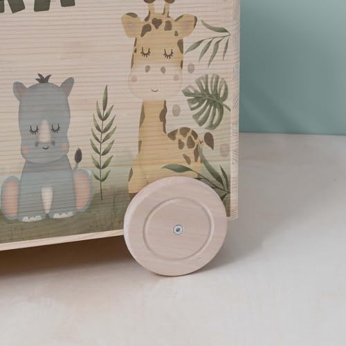 hellomini Personalisierte Spielzeugkiste aus Holz zur Aufbewahrung - Stapelkiste Holz - Spielzeugkiste Kinderzimmer - Personalisiertes Geschenk für Kinder (Safari)