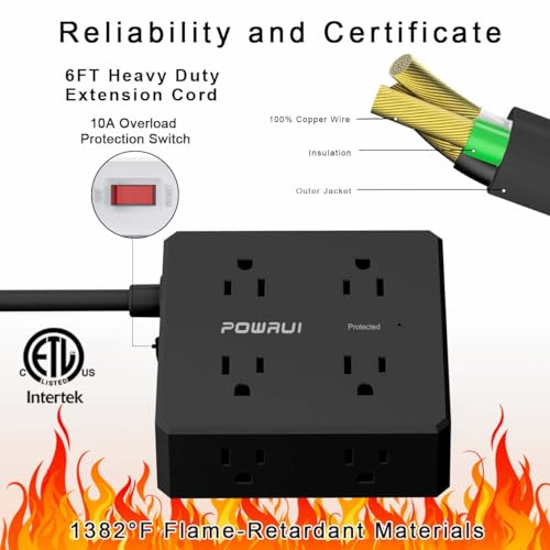 Image of Surge Protector Power Strip - 6 Ft Flat Plug Extension Cord with 8 Widely Outlets and 4 USB Ports(1 USB C), 3 Side Outlet Extender for Home Office, Black, ETL Listed