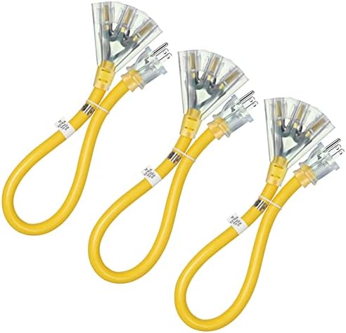 DEWENWILS 2 FT 12/3 Gauge Indoor / Outdoor Tri-Tap Extension Cord Splitter, SJTW 15 Amp Yellow Outer Jacket Contractor Grade Heavy Duty Power Cable with LED Lighted Plug, UL Listed, Pack of 3