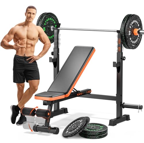 Image of Adjustable Weight Bench with Squat Rack, 770lbs Heavy Duty Olympic Bench Press for Home Gym, Multi-Function Flat Incline Workout Bench Family Strength Training with Removable Foot Catch