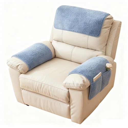 【防滑設計】ソファアームカバー シャーフリース リクライニングチェアカバー 収納ポケット付き 洗える ペット ソファ 保護カバー 頭レストカバー 1席用 日本仕様(Blue,3 Seat Recliner 5 pc)