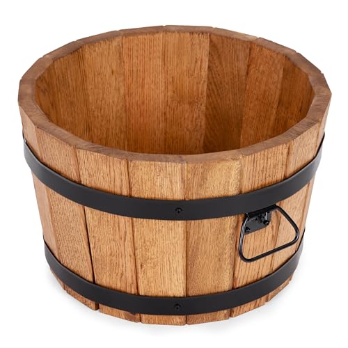 Drewdon Großer Eichen Holz Blumentopf Runder Garten Pflanzkübel mit Metallringen, Dekoratives Holzfass als Pflanztopf – Wetterfeste Blumenkübel für draußen, Balkon, Terrasse & Garten (Ø35 x H21)