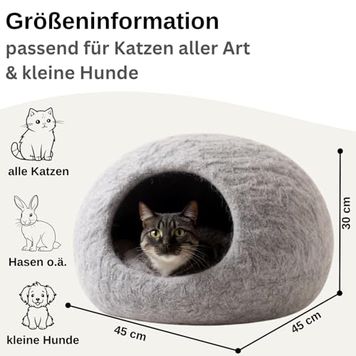 XL Katzenhöhle Katzenbett Katzenhaus – feinste Romney Wolle – kräftig gefilzt – außen robust & innen kuschelig weich – 3 Farben – Hellgrau