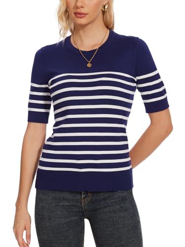 Image of Spicy Sandia Women's Short Sleeve Sweater Casual Knit Pullover Top for Summer Lightweight Blue and White Striped 2XL