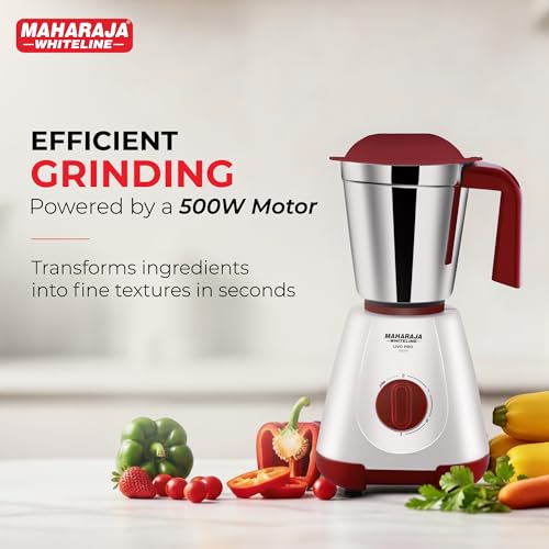 Maharaja Whiteline 500W Livo Pro Mixer Grinder with 3 Stainless Steel Jars with lid and 20,000 RPM Motor Speed (White & Cherry Red) view 2