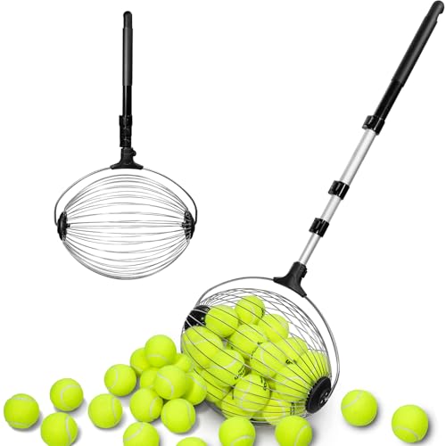Netrix Tennis Balls Hoppers, 30-58' Golf Ball Retriever Telescopic Tennis Ball Picker Upper Machine for Up to 40 Tennis Balls, No Bending Over Quick Rolling Picker for 1.5'-3' Balls