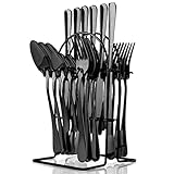 24-Piece Black Silverware Set Service for 6 with holder Premium Stainless Steel Flatware Set,Home...
