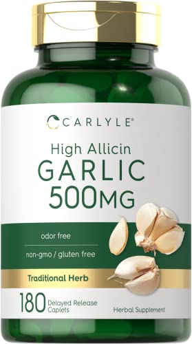 High Allicin Garlic Supplement 500mg | 180 Caplets | Odorless Garlic Pills | Vegetarian, Non-GMO, Gluten Free | by Carlyle