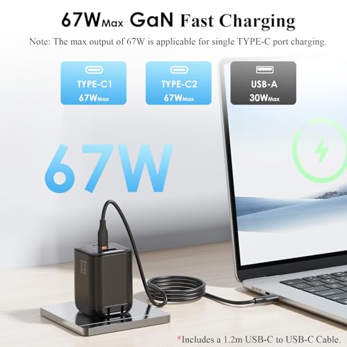 Minthouz 67W GaN Charger, 3-Port Fast Charging Power Adapter with Type-C & USB-A, for iPhone 17/16/15, iPad Pro, MacBook Air/Pro, Galaxy S25/S24, Google Pixel, Compact Travel Charger with 3.9FT Cable - image 2