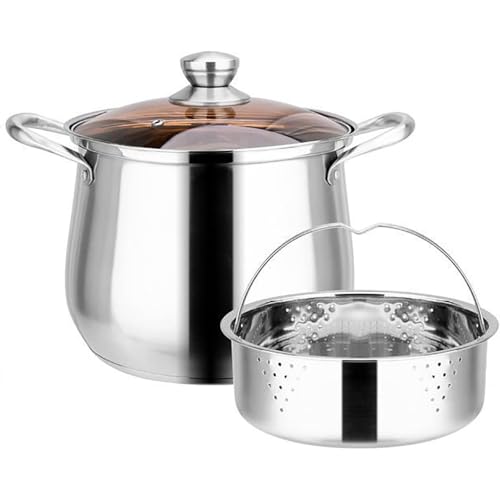 Juxkov両手鍋ステンレス製シチューポット蒸し器蒸し鍋ステンレス鋼鍋三層鋼煮込み料理煮物カレー鍋シチューポット3層底寸胴鍋ガラス鍋蓋付IH対応ステンレス深型ふた付き大容量お手入れ簡単多機能 (高さ22cmの特大鍋(蒸し器付き),A)