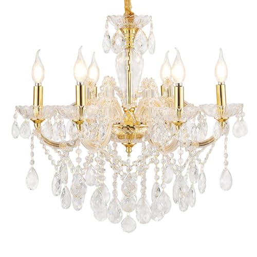 Image of YLONG-ZS 6-Light Crystal Gold Chandelier Light Fixture for Bedroom,Modern Pendant Light Crystal Raindrop Lighting Hanging Chandelier for Living Room, Kitchen,Dining Room, Bedroom,Entryway