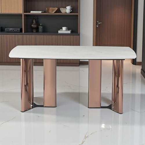 Image of The Attic Majestic Aura Ceramic Dining Table with Premium Rose-Gold Pedestal Columns - Modern Luxury Rectangular 6 Seater Dining Table
