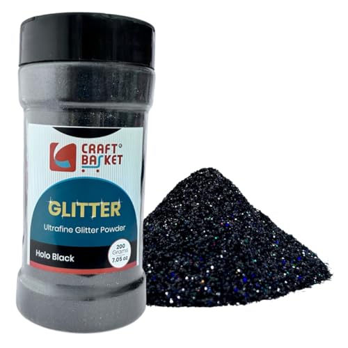 CRAFT BASKET® Waterproof Glitter for Art & Craft (50 Colours)(All Packs: 25 g,50 g,100 g,200 g) DIY Projects, Resin & Nail Art, Multi-Purpose Sparkle, Ultrafine Chamki Glitter Powder (Holo Black, 200 g)