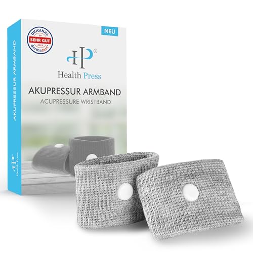 Health Press Akupressur Armband Set: Zwei Akupressurarmbänder – Perfekt für die Anwendung an beiden Handgelenken – Dank optimierter Passform für jedes Handgelenk – Akupressurarmband (1 Paar, Grau)