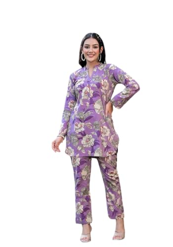 Image of Leriya Fashion Co Ord Set for Women Stylish | Ethnic Short Kurti for Women | Stylish Summer Printed Cotton Kurta Sets for Woman | A-Line Dress for Woman | 3 /4 Sleeve Top with Relaxed Fit Pant
