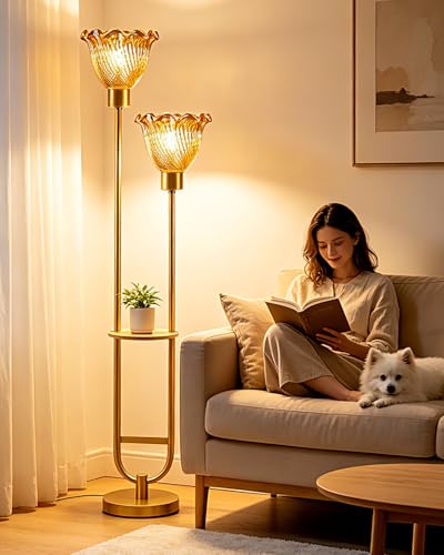 Image of 2-Lights Modern Glass Floor Lamp with Shelf Gold Floor Lamp with Amber Glass Shade, Mid Century Standing Tall Lamps with Foot Switch for Living Room Bedroom Home Decor (Bulbs Included)
