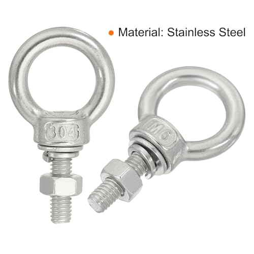 Image of uxcell M6*20 1 /4 inchx0.79 inch Stainless Steel Eye Bolts Threaded Screw Eyebolt Shoulder Ring with Nuts Washers for Lifting Hanging, 2 Set