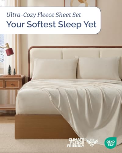 Image of Fleece Sheets Cal King Size Set - 4-Piece Velvet Flannel Sheet Set - Cream