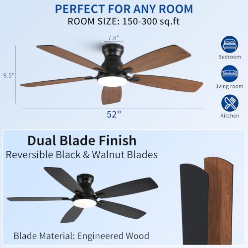 NKPU Ceiling Fans with Lights, Low Profile Ceiling Fan with Light and Remote/APP Control, DC Motor, Noiseless, Flush Mount, 52inch Brown Ceiling Fan for Bedroom Indoor/Outdoor Use - Image 3
