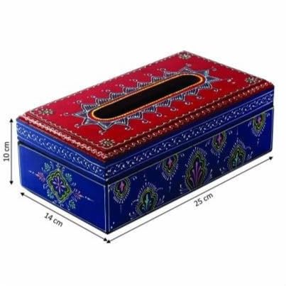 Image of Hand Painted Wooden Tissue Box, 24cm x 14cm x 8cm Height, Multicolored, for Dining or Washroom