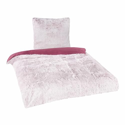 BaSaTex Flokati Polar Fleece Bettwäsche 135x200 cm 80x80 cm 2-teilig Fellimitat Bett Garnitur Bordeaux Weiss